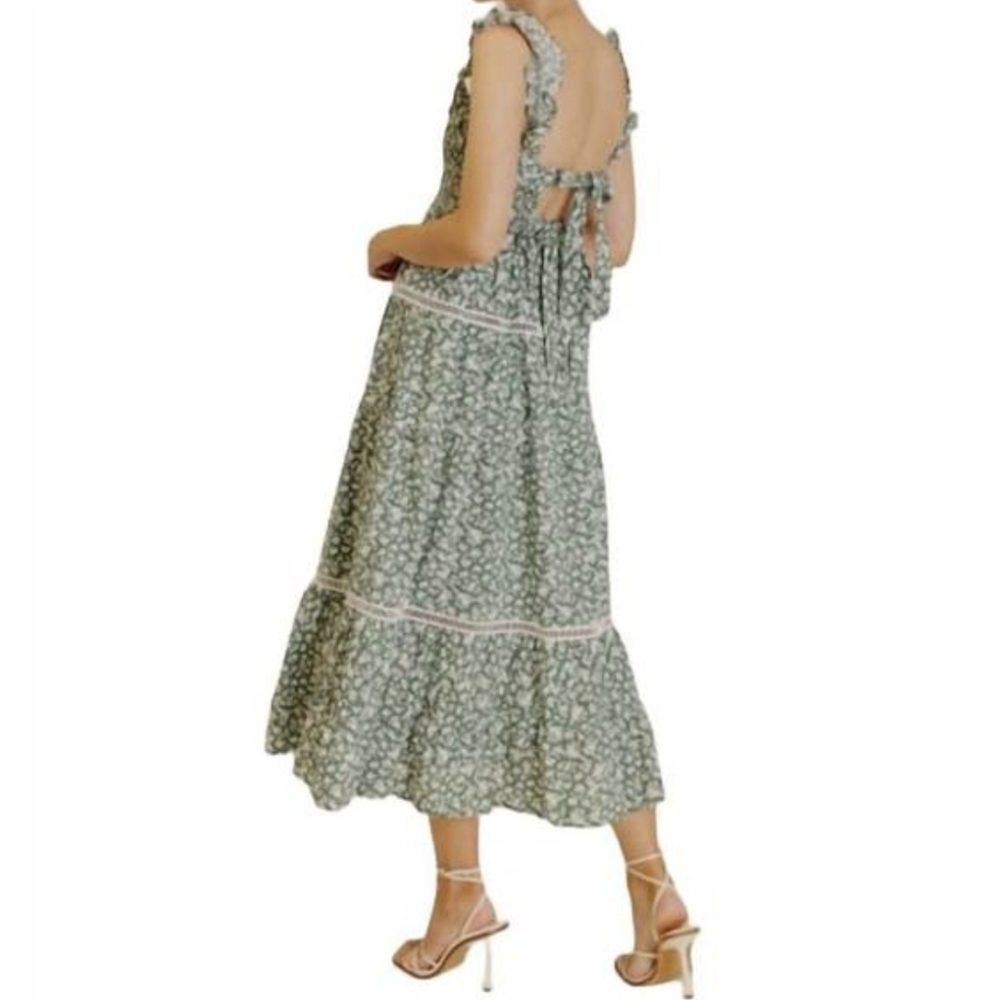 AUREUM Green Floral Smocked Midi Dress Size Large - Picture 2 of 14